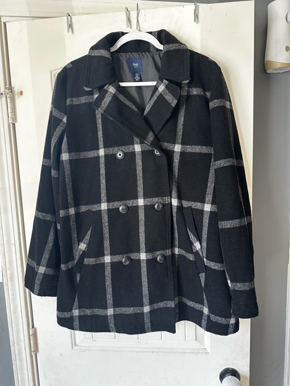 GAP Women’s Windowpane Plaid Wool Blend Double Breasted Peacoat- XL